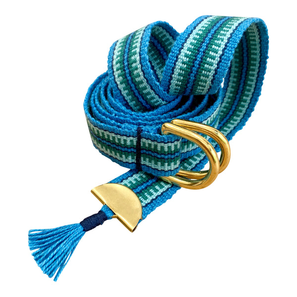 Cutout image of hand woven belt in 'Ocean'.